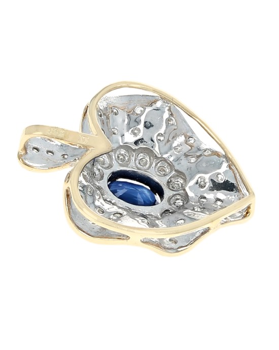 Blue Sapphire and Diamond Halo Heart Pendant in White and Yellow Gold